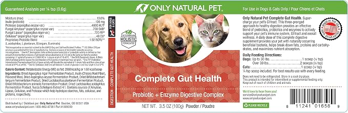 Only Natural Pet Complete Gut Health Complex - Probiotics & Digestive Enzyme Supplement for Dogs & Cats - Promotes Healthy Digestion, Immune System, Nutrient Absorption - Made in USA -3.5oz Powder