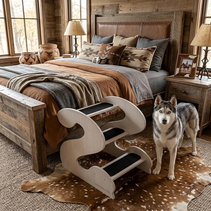 Wood Dog Stairs for Bed and Sofa (WhiteMapleGrainPatten) | 3-Step Small Senior Pet 23¼ D x 16¾" W x 19⅜ H,Trainer-Recommended Wood Ramp Steps