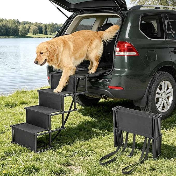 Extra Wide 4 Steps Dog Vehicle Ramps | Portable Non-Slip Pet Stairs for Cars, Trucks & SUVs | Folding Dog Ladder for High Beds | Supports Up to 200 Lbs