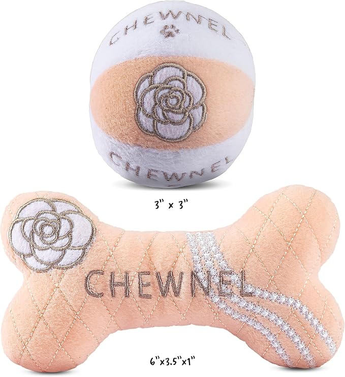 Dog Diggin Designs Chewnel Collection – Set of 2 Unique, Squeaky, Parody Plush Toys That Includes a Chewnel Bone and a Chewnel Ball