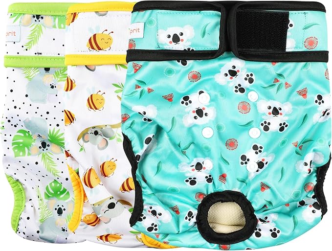 Langsprit Washable Female Dog Diapers (3 Pack) - No Leak Reusable Diapers for Doggy Female in Period - Highly Absorbent Dog Heat Panties with Adjustable Snaps (Koala, X-Large)