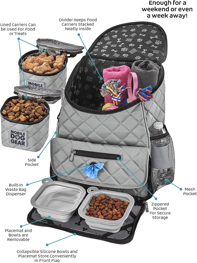 Mobile Dog Gear, Dog Travel Bag, Deluxe Quilted Weekender Backpack, Includes Lined Food Carriers and 2 Collapsible Dog Bowl, Gray
