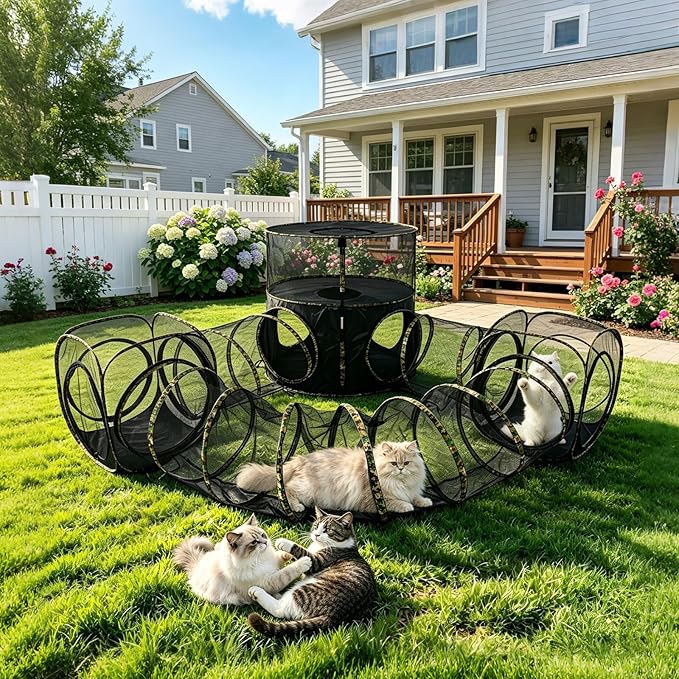 CypherX 6 in 1 Extra Large Outdoor Cat Enclosure, 2-Tier Camouflage Catio Tents and Tunnels for Outside, Pop Up Pet Tower Playpen Tube, Spacious Mesh Cage Playground for Large Breed Cats, Camo