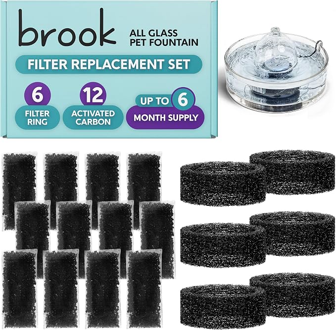 BROOK Glass Pet Fountain Filter Replacement Set – 6 Filter Rings & 12 Activated Carbon Pouches – Up to 6 Month Supply Replacement Filters Set for BROOK Cat Fountain