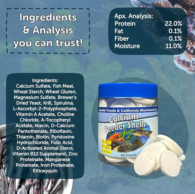 Calcium Feeding Shells, Small & Medium for Shrimp, Snails, Crabs, Crayfish, Plecos, Catfish, All Tropical Fish, 4-Type Wafer & 12-Type Pellet Mix Included 40 Count Canister