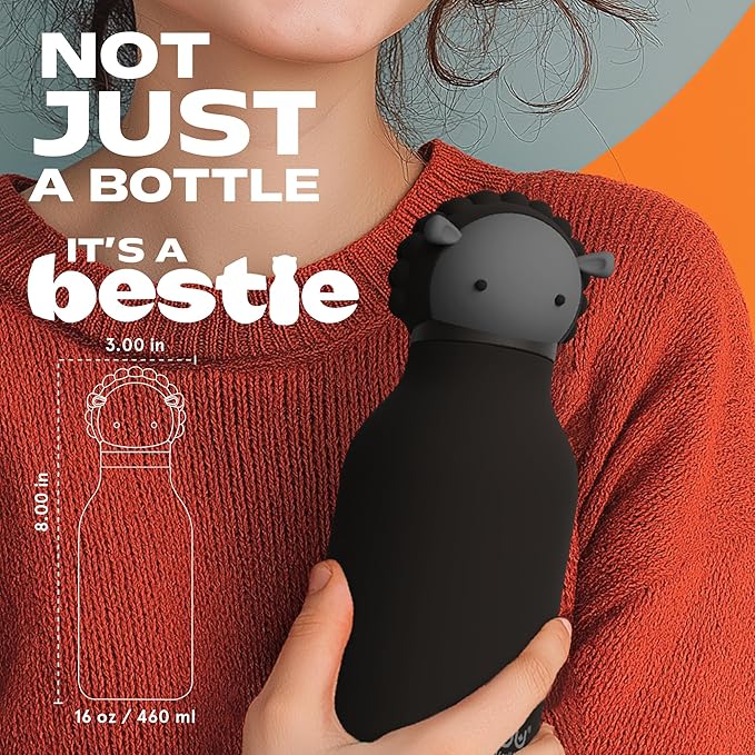 asobu Bestie Bottle Insulated Stainless Steel Water Bottle with Detachable Soft Animal Head Fun Drinking For Kids and Teens16 Ounce (Black Sheep)