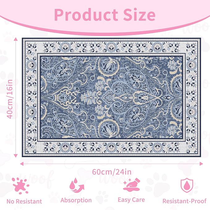 Blue Floral Pet Feeding Mat, Absorbent Dog/Cat Food Mat for Food and Water Bowl, Non-Slip Quick Dry Pet Placemat Floor Protector for Messy Drinkers(16 x 24 in)