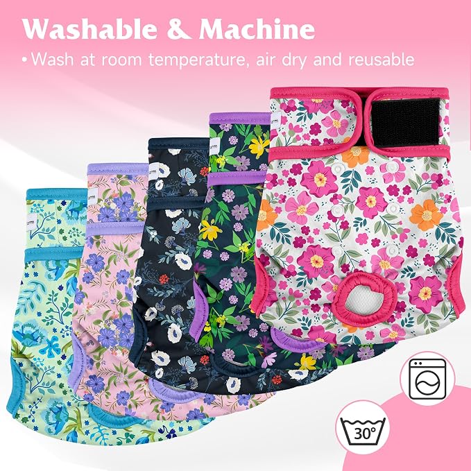 5 Pack Reusable Diapers for Doggie, Highly Absorbent Dog Diapers Female for Pet with Incontinence or Frequent Urination, Small Dog Diapers Female, Flowers