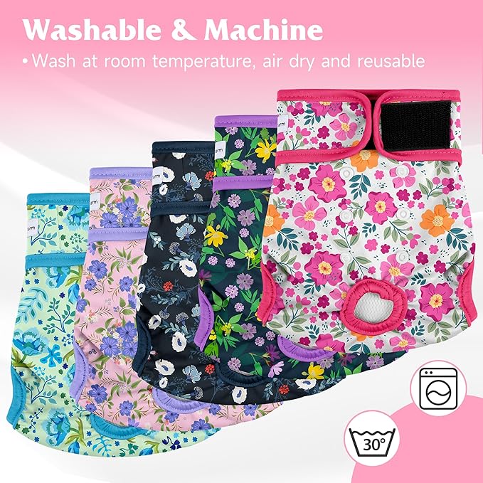 5 Pack Reusable Diapers for Doggie, Highly Absorbent Dog Diapers Female for Pet with Incontinence or Frequent Urination, Large Dog Diapers Female, Flowers