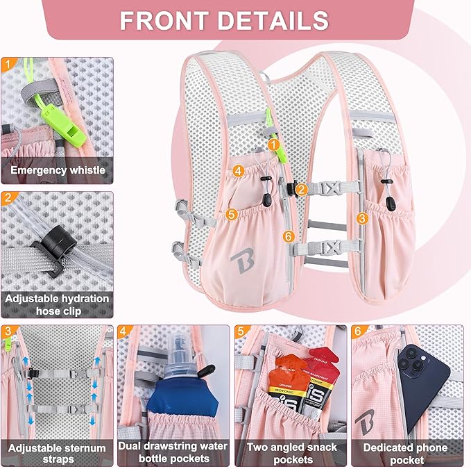 BECOJADDE Running Vest Hydration Backpack for Men Women, 5L Lightweight Running Backpack Hydration Pack for Marathon, Trail, Cycling, Hiking, Jogging
