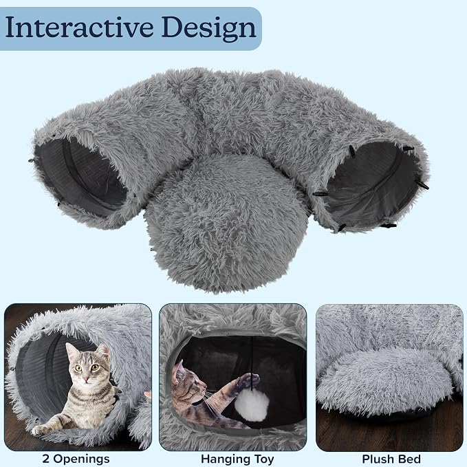 Cat Tunnel with Bed for Indoor Cats - 3FT Multifunctional Cat Tunnel Bed with Toys - Soft, Plush Peekaboo Cat Cave for Kittens, Cats, Ferrets, and Rabbits - Cat Products by PETMAKER (Gray)