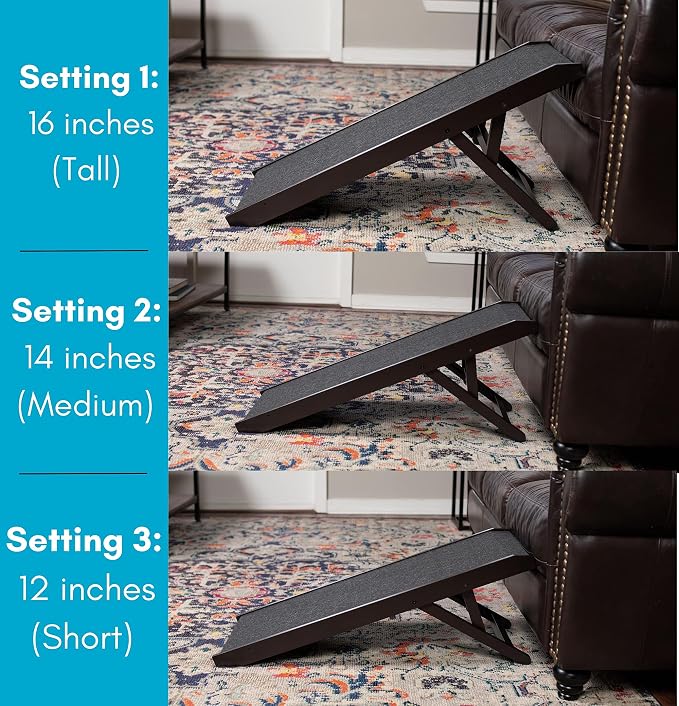 BIRDROCK HOME Adjustable Pet Ramp for Small Dogs, Cats, Puppies - Foldable Wooden Dog Ramp for Couch, Bed, Car - Indoor or Outdoor- Safe, Portable, Non-Slip Carpet - 16", Espresso