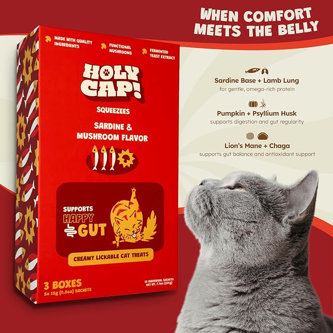Happy Gut Grain-Free Lickable Cat Treats 15 Squeezable Purée Tubes (0.5 oz Each), Sardine & Pumpkin Flavor, Creamy Cat Purée with Clean Ingredients, Hand-Fed Treat or Meal Topper