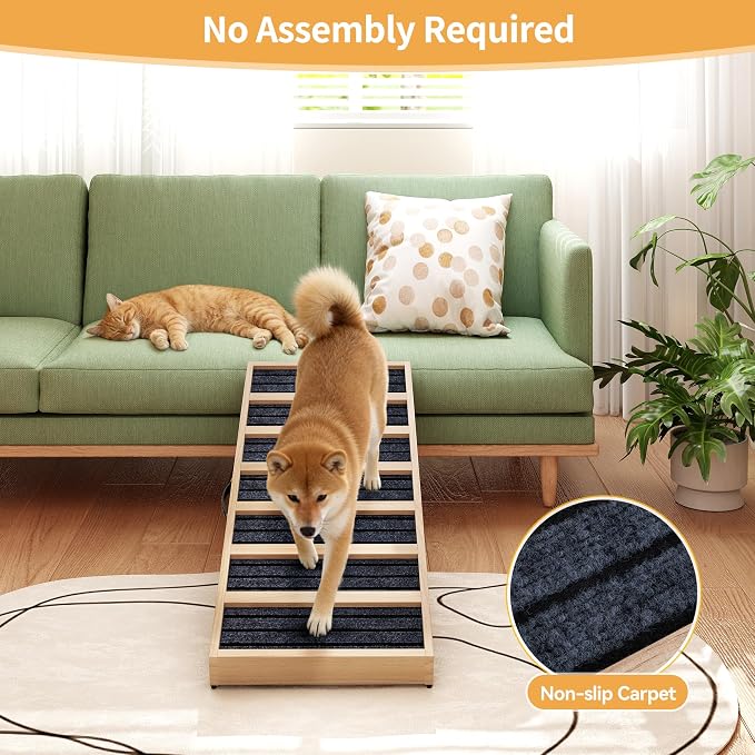 Adjustable Wooden Dog Ramp for Bed and Couch - 39" Folding Pet Ramp with 4 Heights and Non-Slip Safety Rails for 132lbs Small, Medium, and Senior Dogs
