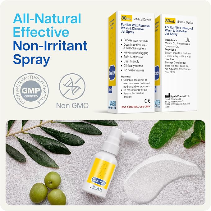 NAVEH PHARMA® CleanEars Ear Wax Removal Spray — Gentle Earwax Softening Spray for Adults, Easy-to-Use Alternative to Mineral Oil, Refreshing Spearmint Aroma, 0.5 fl oz