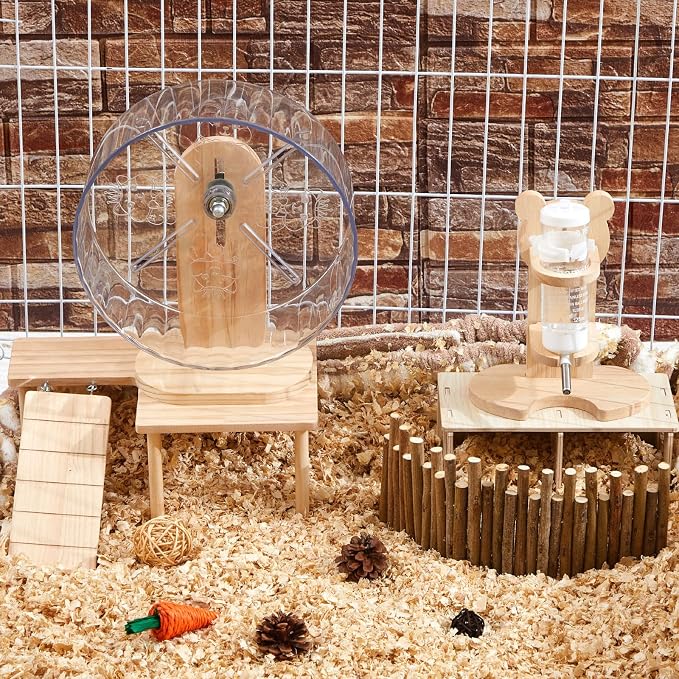6 Pcs Hamster Toys Set, Maze Wood House, Climbing Ladder Wooden Bridge Tunnel Toy Platform Silent Exercise Running Wheels and Water Bottle Set for Rat Guinea Pig Habitat Cage (Standard)