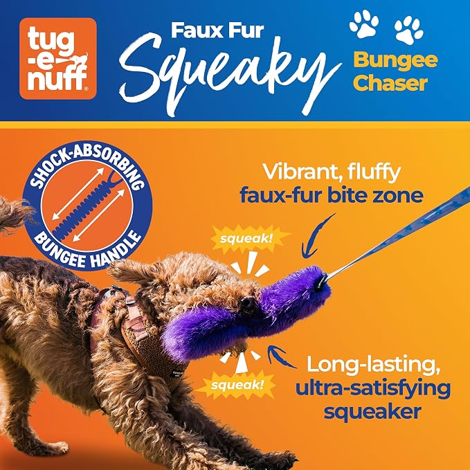 Tug-E-Nuff Faux Fur Squeaky Bungee Chaser Dog Toy, Tough Dog Tug Toy for Puppy, Small, Medium and Large Breeds, Interactive Training Chase Toys for Dogs, 46.5 in, Lilac