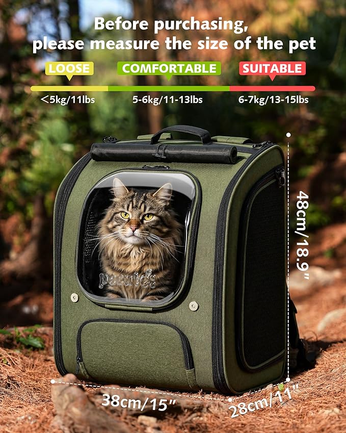 Pecute Cat Backpack Carrier XL, Large Space Cat Bubble Backpack, Breathable Cat Carrier, Shaded Dog Backpack Carrier, Ergonomic 3D Design for Travel, Hiking, for Medium Dogs up to 15lbs, Green