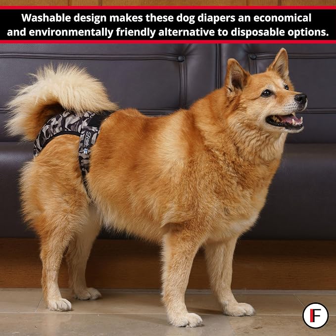FINNERO Brenda Reusable Dog Diaper, Leak-Proof, Adjustable, Heat & Incontinence Protection, S – Camo