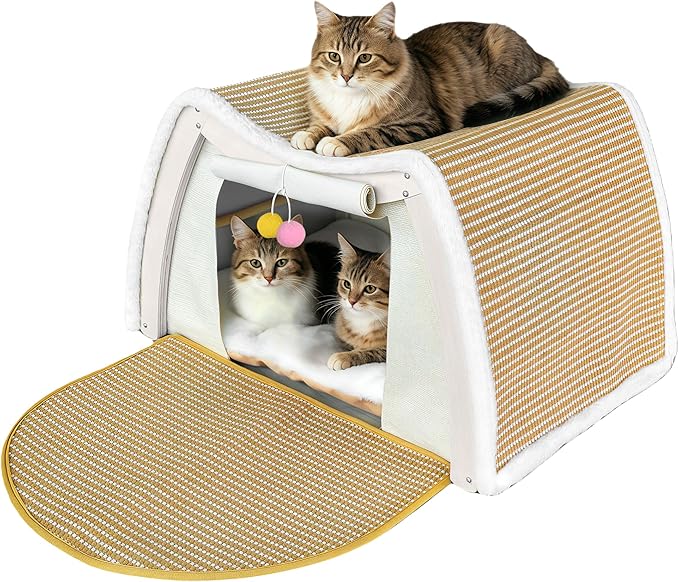 Cat Houses for Indoor Cats, Cat House with Natural Sisal Cat Scratcher Mat, Sturdy Solid Wood Frame Cat Houses & Condos, 4 Seasons Cat Bed Cave with Curtains, Sisal Scratching Pad & Mat