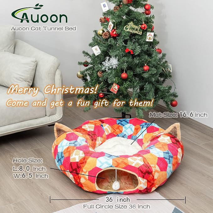 AUOON Cat Tunnel Bed for Indoor Cats - Large Cat Donut Tunnel with Hanging Ball Toy, Collapsible 2-in-1 Multifunctional Interactive Cat Toy for Kitten, Puppy, Rabbit, Ferret (Orange)