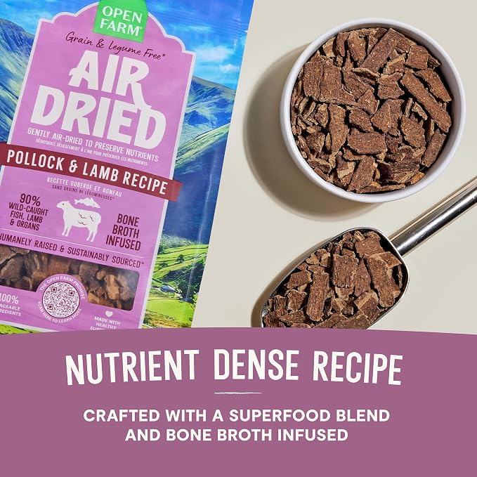 Open Farm, Air Dried Dog Food Infused with Bone Broth, Grain & Legume Free, Complete Meal or Food Topper, Pollock & Lamb Recipe, 1lb Bag