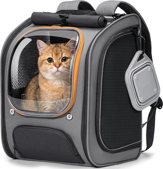 Pecute Cat Backpack Carrier,Large Space Cat Bubble Backpack,Ergonomic,Gray | Color Blocking,Sunshade curtain,Folding bowl,Transparent window,Sturdy,Large mesh on both sides for breathability