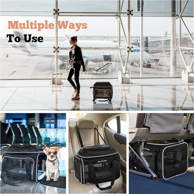 Airline Approved Top-Expanding Pet Carrier on Wheels- Extra Spacious Soft Lined Carrier! 18x11x11 (Mesh Sides)