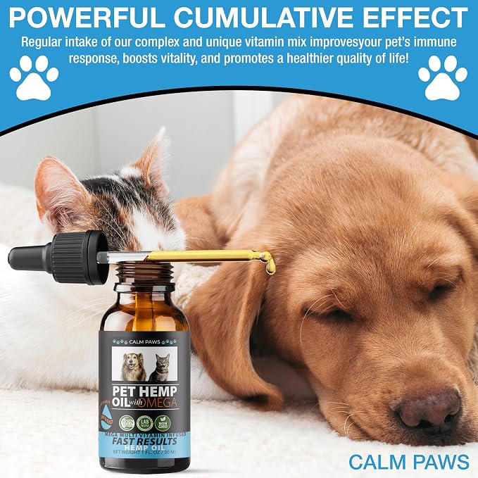 Calm Paws Hemp Oil for Dogs & Cats - Dog Calming Oil, Cat Muscle & Immune Support Oil - Anxiety & Pain Relief Pet Hemp Oil for Stress, Joint & Pain Support - 1 oz Amber Bottle with Silicone Dropper