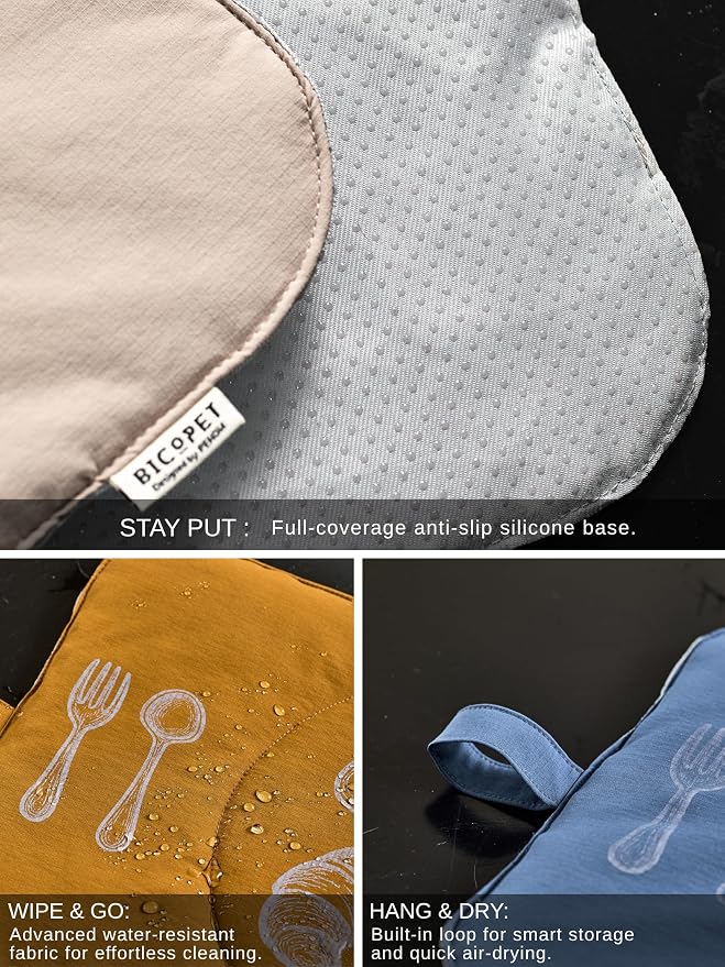 Quilted Pet Feeding Mat for Dogs and Cats, Soft Padded Placemat with Water-Resistant Fabric & Anti-Slip Silicone Backing, Machine Washable with Hanging Loop, 11.8x19.7 – Milk Tea Grey