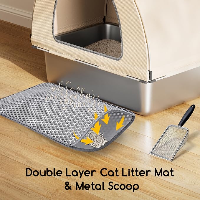 Meowant Stainless Steel Cat Litter Box with Lid, Extra Large Metal Litter Box with DIY Oxford Fabric Cover, Anti-Leakage & Non-Sticky, Odor Control, Easy Cleaning, Includes Litter Mat & Metal Scoop