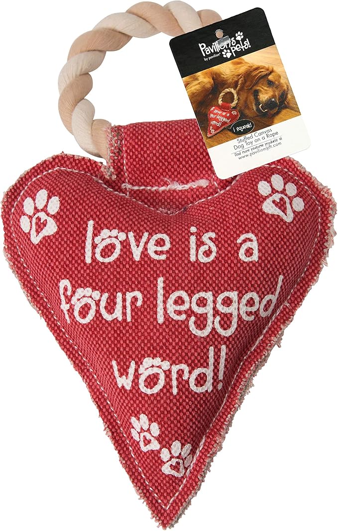 Pavilion Gift Company 45611 Pavilion's Pets-Red Heart Shaped Canvas and Rope Dog Squeaky Toy-Love is a Four Legged Word, Dog, Best for Medium- Large Breeds