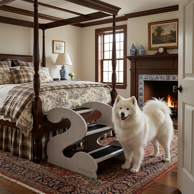 Wood Dog Stairs for Bed and Sofa (WhiteMapleGrainPatten) | 3-Step Small Senior Pet 23¼ D x 16¾" W x 19⅜ H,Trainer-Recommended Wood Ramp Steps