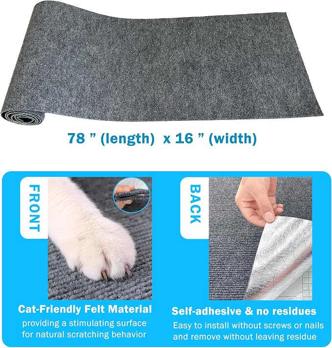 Self Adhesive Cat Scratch Mat to Protect Furniture,16 x 78 in, Couch Protector from Cat Claws Scratching (Gray)