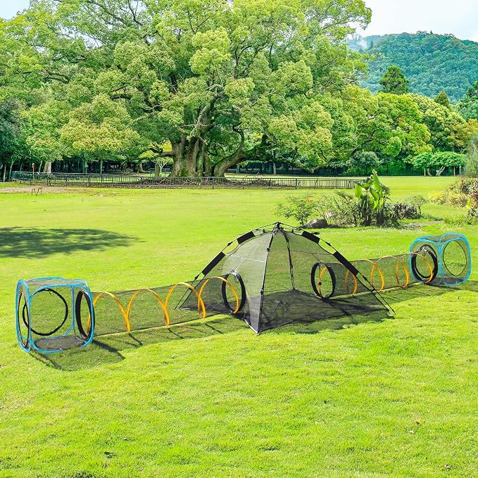 Cat Play Tunnel + Cube(with Three Ways) for Indoor and Outdoor, Cat Playpen, Play Enclosures, Collapsible Cube, Tunnel, Easy to Connect with Tent 2 Cubes + Run Tunnel