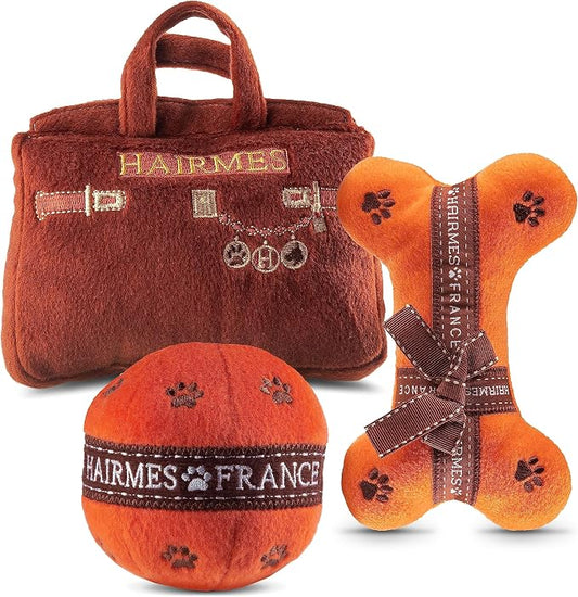 Dog Diggin Designs Hairmes Collection – Set of 3 Unique, Squeaky, Parody Plush Toys that Includes a Hairmes Purse, a Hairmes Ball, and a Hairmes Bone