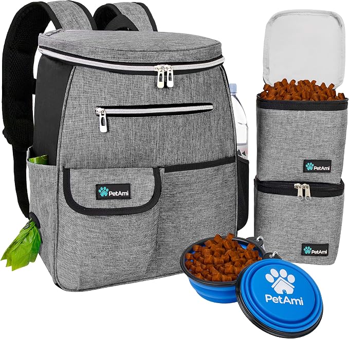 PetAmi Dog Travel Bag Backpack, 27L Airline Approved Pet Supplies Organizer with 2 Food Containers, 2 Collapsible Bowls & Poop Bag Dispenser, Weekend Road Trip Camping Dog Mom Gift, Gray