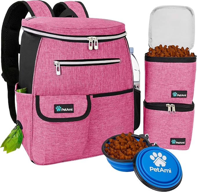 PetAmi Dog Travel Bag Backpack, 27L Airline Approved Pet Supplies Organizer with 2 Food Containers, 2 Collapsible Bowls & Poop Bag Dispenser, Weekend Road Trip Camping Dog Mom Gift, Pink