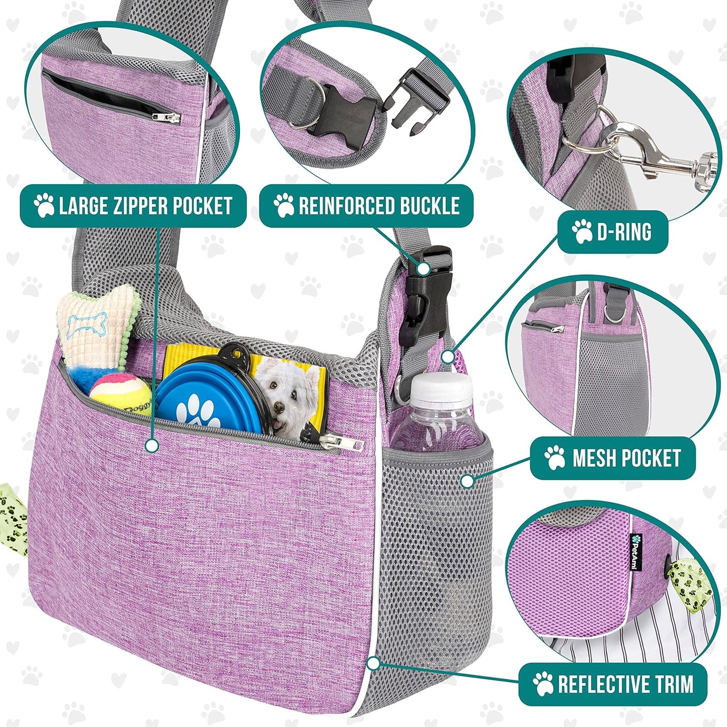 PetAmi Small Dog Sling Carrier, Soft-Sided Crossbody Puppy Carrying Purse Bag, Adjustable Sling Pet Pouch to Wear Medium Dog Cat Travel, Dog Bag for Traveling, Poop Bag Dispenser, Max 10 lbs, Purple