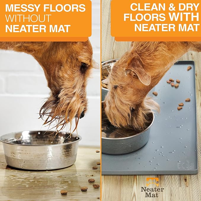 Neater Pets Neater Feeder Deluxe with Leg Extensions Mess-Proof Food & Water Bowls with Neater Mat Waterproof Silicone Mat - Protect Floors from Food & Water