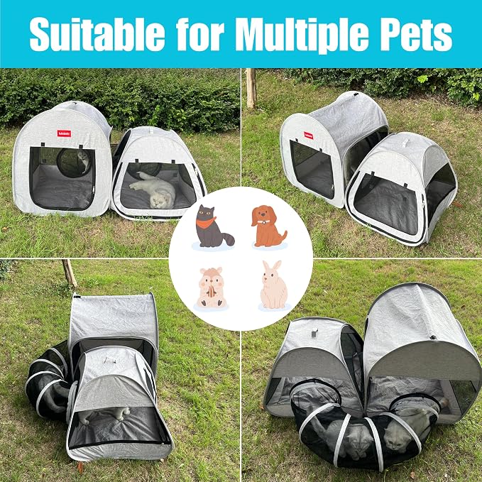 Portable 3-in-1 Cat Playpen, Outdoor Pop-up 2-Room Pet Playpen with Tunnel, Foldable Cat Dog Crate Play Enclosure with Separate Areas for Puppy Kitten and Small Animals Indoor Travel