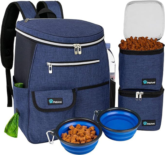 PetAmi Dog Travel Bag Backpack, 27L Airline Approved Pet Supplies Organizer with 2 Food Containers, 2 Collapsible Bowls & Poop Bag Dispenser, Weekend Road Trip Camping Dog Mom Gift, Navy Blue