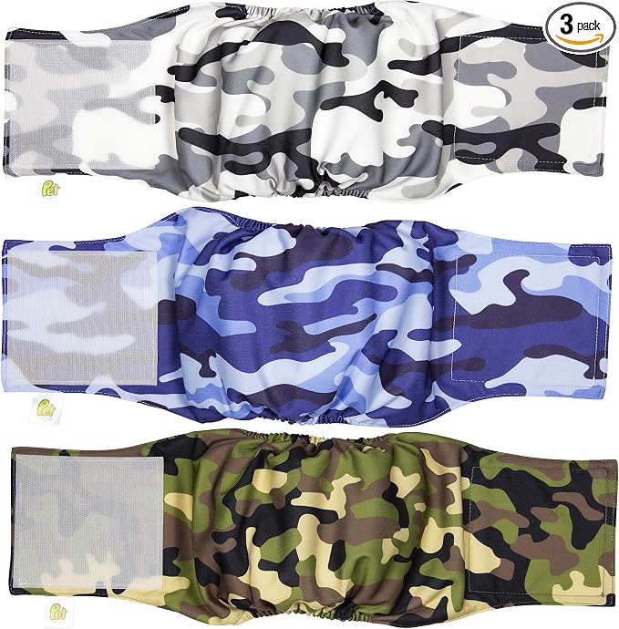 PET MAGASIN Male Dog Belly Bands Washable - Reusable Dog Diapers Male for Small Medium Large Dogs - Adjustable Wraps for Incontinence & Training - Pack of 3 (Camo, Small (13"-15" Waist))
