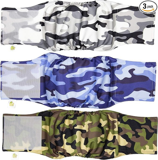 PET MAGASIN Male Dog Belly Bands Washable - Reusable Dog Diapers Male for Small Medium Large Dogs - Adjustable Wraps for Incontinence & Training - Pack of 3 (Camo, Small (13"-15" Waist))