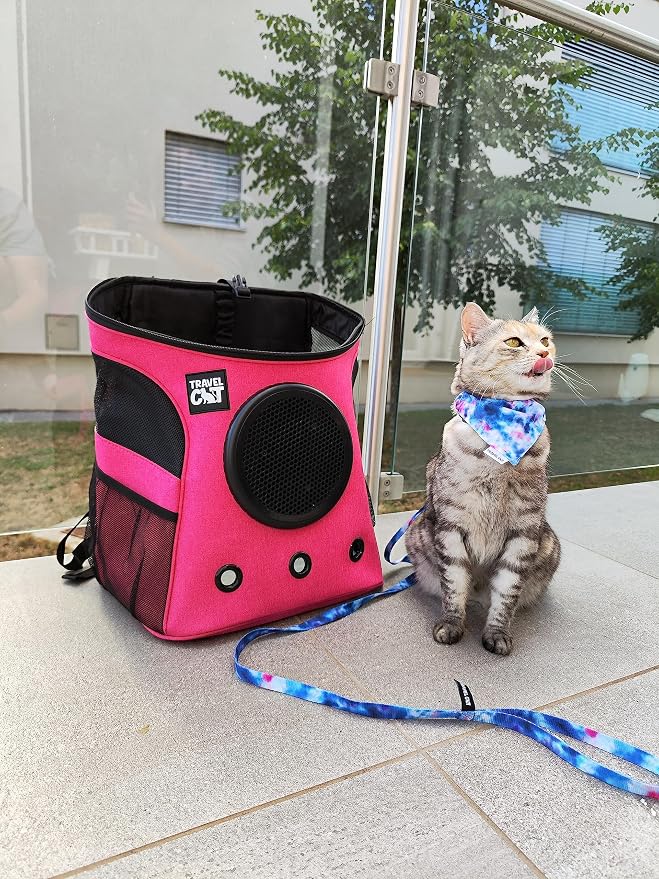 Fat Cat Deep Rose Pink Backpack Carrier with 90s Bandana Collar - Airline Approved Cat Carrier & Retro Accessory