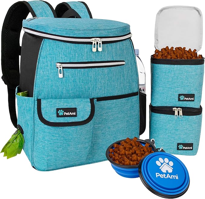 PetAmi Dog Travel Bag Backpack, 27L Airline Approved Pet Supplies Organizer with 2 Food Containers, 2 Collapsible Bowls & Poop Bag Dispenser, Weekend Road Trip Camping Dog Mom Gift, Teal Blue
