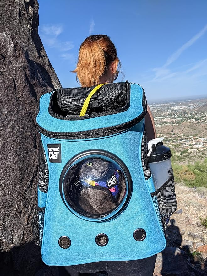 Fat Cat Airline-Approved Backpack Carrier with Space Capsule Bubble & Portable Collapsible Litter Box – Aqua Cat Travel Set for Small Cats and Kittens, Perfect for Outdoor Adventures and Travel