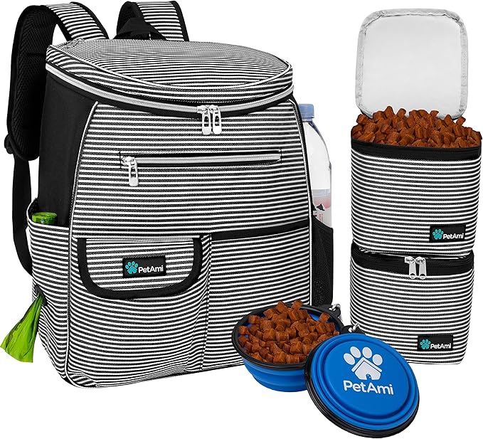 PetAmi Dog Travel Bag Backpack, 27L Airline Approved Pet Supplies Organizer with 2 Food Containers, 2 Collapsible Bowls & Poop Bag Dispenser, Weekend Road Trip Camping Dog Mom Gift, Stripe Black