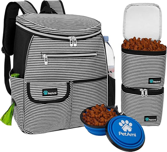 PetAmi Dog Travel Bag Backpack, 27L Airline Approved Pet Supplies Organizer with 2 Food Containers, 2 Collapsible Bowls & Poop Bag Dispenser, Weekend Road Trip Camping Dog Mom Gift, Stripe Black