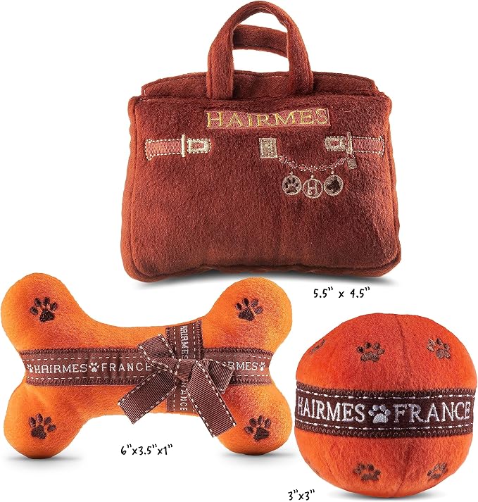 Dog Diggin Designs Hairmes Collection – Set of 3 Unique, Squeaky, Parody Plush Toys that Includes a Hairmes Purse, a Hairmes Ball, and a Hairmes Bone
